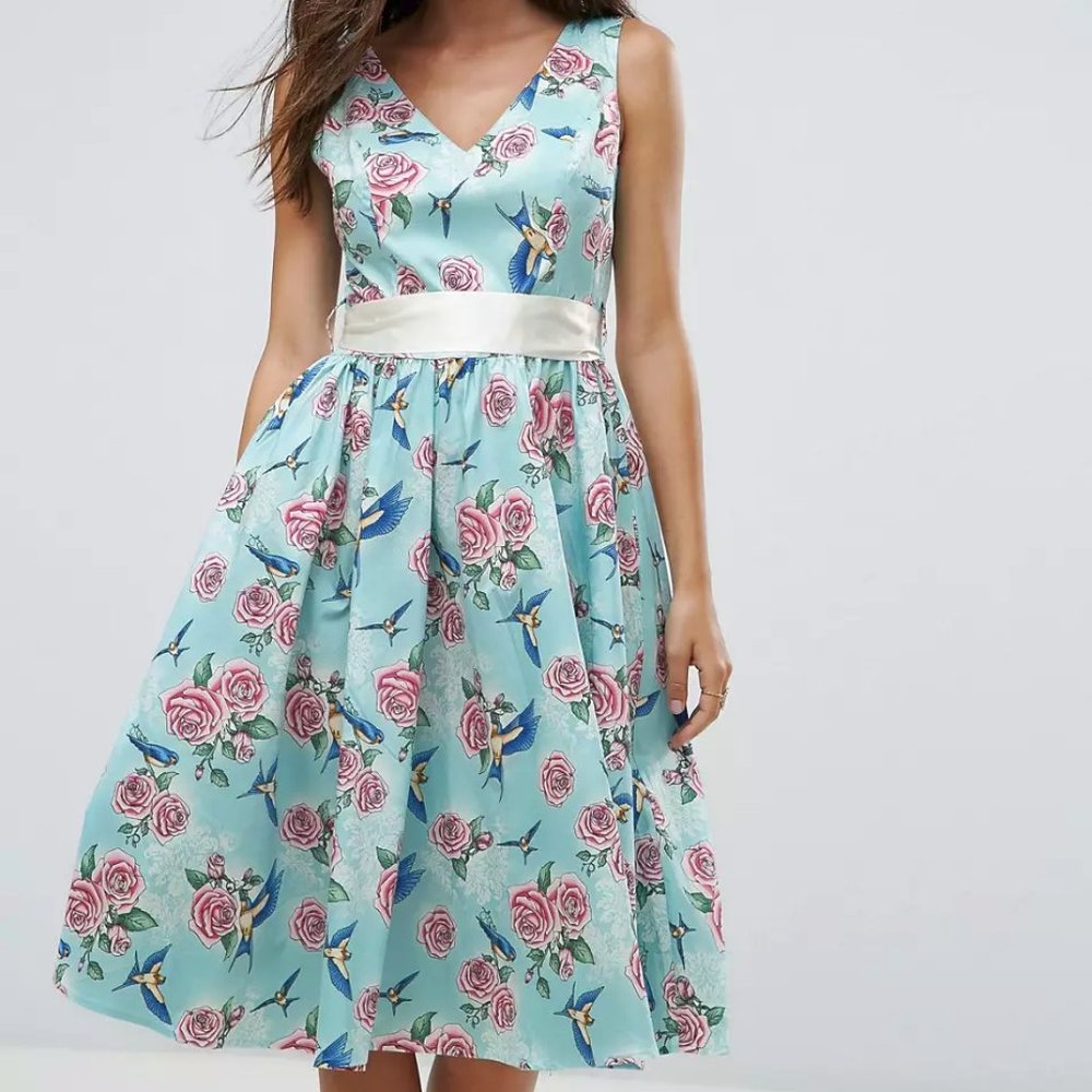 Hell Bunny Floral Party Dress Hummingbird Print Cotton Small Cottagecore Retro
